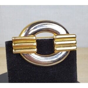 Vintage 1980's Signed Carolee Oval Circle Modernist Two Tone Silver Gold Brooch